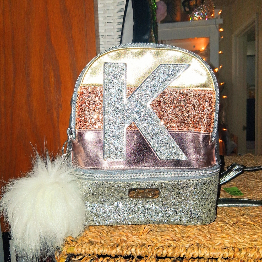Glitter Initial 'K' Mini Backpack - Rose Gold, Silver, Purple